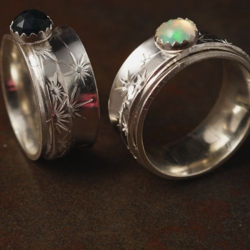 Handcrafted recycled stamped sterling silver Ethiopian Opals spinner rings